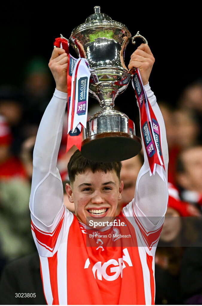 19 January 2025; Conor Groarke of Cuala lifts the the Andy Merrigan Cup after his side's victory in the AIB GAA Football All-Ireland Senior Club Championship final match between Cuala and Errigal Ciarán at Croke Park in Dublin. Photo by Piaras Ó Mídheach/Sportsfile