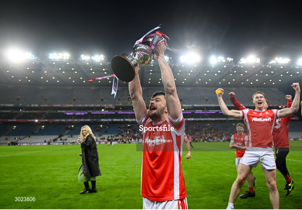 19 January 2025; Conor O'Brien of Cuala celebrates with the Andy Merrigan cup after the AIB GAA Football All-Ireland Senior Club Championship final match between Cuala and Errigal Ciarán at Croke Park in Dublin. Photo by Daire Brennan/Sportsfile
