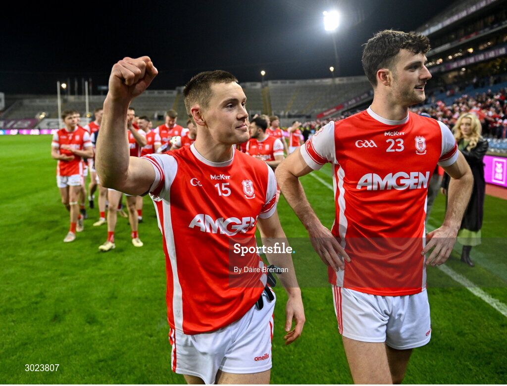 19 January 2025; Con O'Callaghan, left, and Cillian Dunne of Cuala celebrate after the AIB GAA Football All-Ireland Senior Club Championship final match between Cuala and Errigal Ciarán at Croke Park in Dublin. Photo by Daire Brennan/Sportsfile