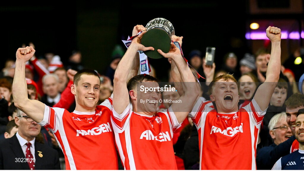 19 January 2025; Cuala players, the O'Callaghan brothers, from left, Con, Niall, and Eoghan lift the Andy Merrigan Cup after their side's victory in the AIB GAA Football All-Ireland Senior Club Championship final match between Cuala and Errigal Ciarán at Croke Park in Dublin. Photo by Piaras Ó Mídheach/Sportsfile