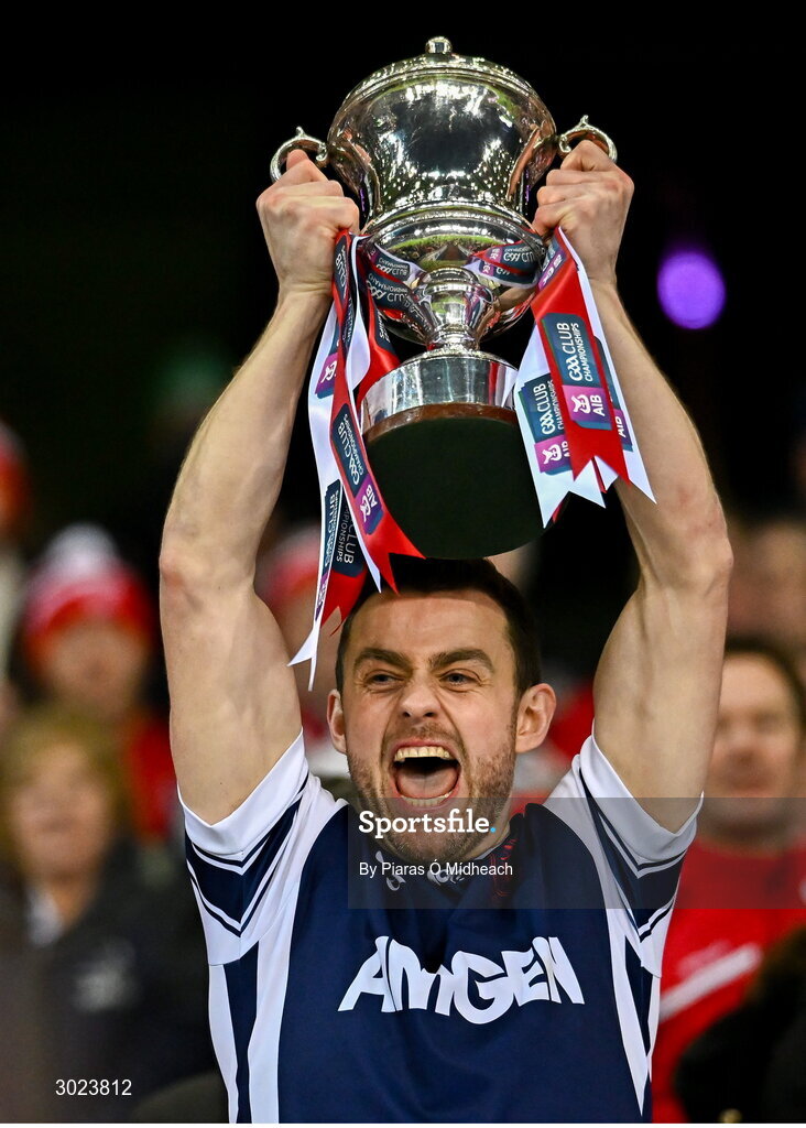 19 January 2025; Cuala goalkeeper Ryan Scollard lifts the Andy Merrigan Cup after his side's victory in the AIB GAA Football All-Ireland Senior Club Championship final match between Cuala and Errigal Ciarán at Croke Park in Dublin. Photo by Piaras Ó Mídheach/Sportsfile