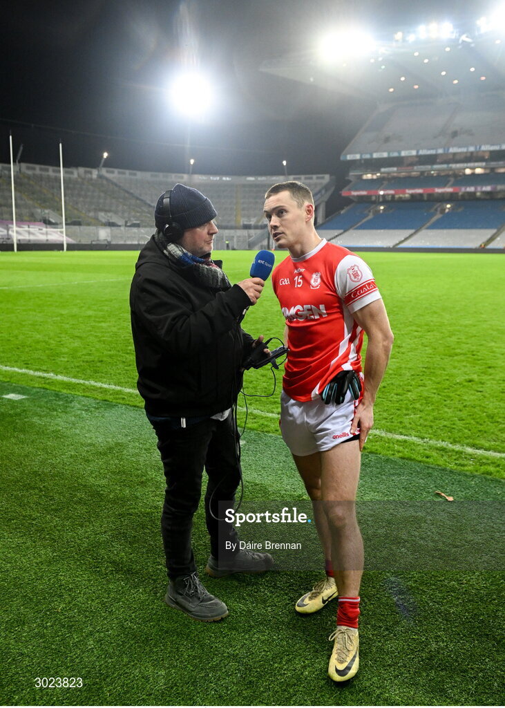 19 January 2025; Con O'Callaghan of Cuala does an interview with Adrian Eames of RTÉ after the AIB GAA Football All-Ireland Senior Club Championship final match between Cuala and Errigal Ciarán at Croke Park in Dublin. Photo by Daire Brennan/Sportsfile