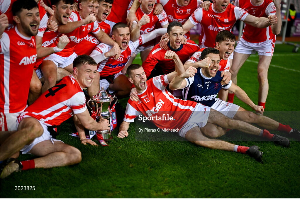 19 January 2025; Cuala players, including Cal Doran, 12, celebrate after victory in the AIB GAA Football All-Ireland Senior Club Championship final match between Cuala and Errigal Ciarán at Croke Park in Dublin. Photo by Piaras Ó Mídheach/Sportsfile