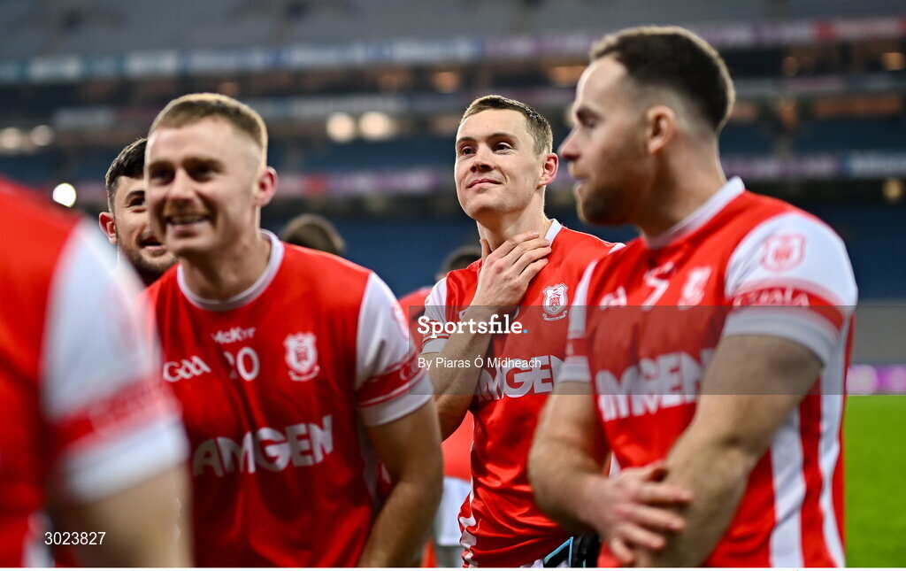 19 January 2025; Con O'Callaghan of Cuala, second from right, after their side's victory in the AIB GAA Football All-Ireland Senior Club Championship final match between Cuala and Errigal Ciarán at Croke Park in Dublin. Photo by Piaras Ó Mídheach/Sportsfile