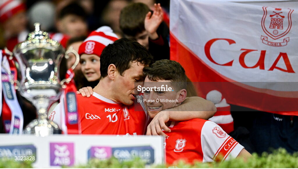 19 January 2025; Cuala players James Power, left, and Luke Keating before lifting the the Andy Merrigan Cup after their side's victory in the AIB GAA Football All-Ireland Senior Club Championship final match between Cuala and Errigal Ciarán at Croke Park in Dublin. Photo by Piaras Ó Mídheach/Sportsfile