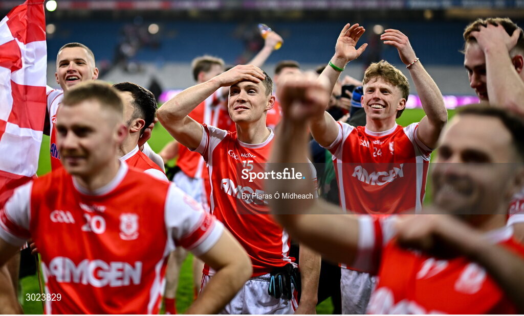 19 January 2025; Con O'Callaghan of Cuala, centre, after his side's victory in the AIB GAA Football All-Ireland Senior Club Championship final match between Cuala and Errigal Ciarán at Croke Park in Dublin. Photo by Piaras Ó Mídheach/Sportsfile