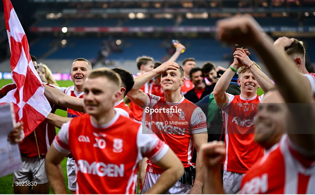 19 January 2025; Con O'Callaghan of Cuala, centre, after his side's victory in the AIB GAA Football All-Ireland Senior Club Championship final match between Cuala and Errigal Ciarán at Croke Park in Dublin. Photo by Piaras Ó Mídheach/Sportsfile