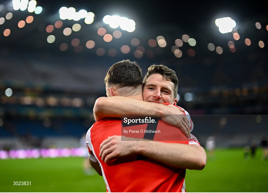 19 January 2025; Cuala players Luke Keating, right, and David O'Dowd after their side's victory in the AIB GAA Football All-Ireland Senior Club Championship final match between Cuala and Errigal Ciarán at Croke Park in Dublin. Photo by Piaras Ó Mídheach/Sportsfile
