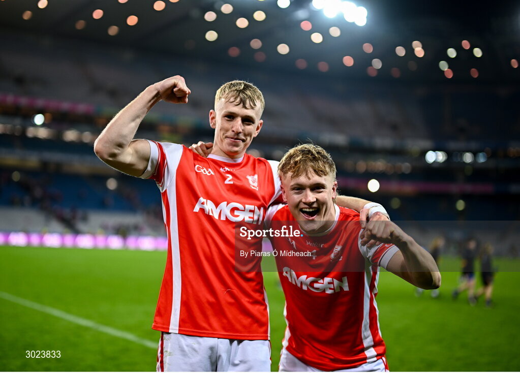 19 January 2025; Cuala players Danny Conroy, left, and Eoghan O'Callaghan after their side's victory in the AIB GAA Football All-Ireland Senior Club Championship final match between Cuala and Errigal Ciarán at Croke Park in Dublin. Photo by Piaras Ó Mídheach/Sportsfile