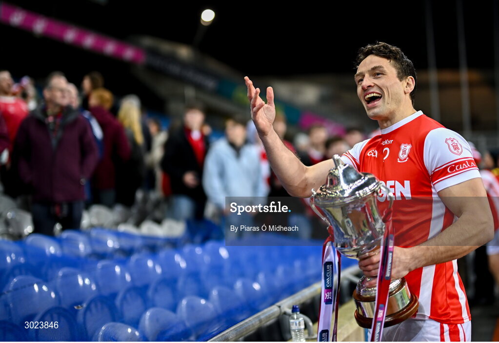 19 January 2025; Cuala captain James Power celebrates with the Andy Merrigan Cup after his side's victory in the AIB GAA Football All-Ireland Senior Club Championship final match between Cuala and Errigal Ciarán at Croke Park in Dublin. Photo by Piaras Ó Mídheach/Sportsfile