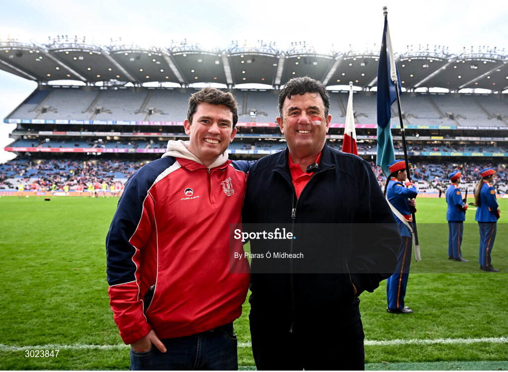 19 January 2025; Cuala supporters Paul and Des Cahill at the AIB GAA Football All-Ireland Senior Club Championship final match between Cuala and Errigal Ciarán at Croke Park in Dublin. Photo by Piaras Ó Mídheach/Sportsfile