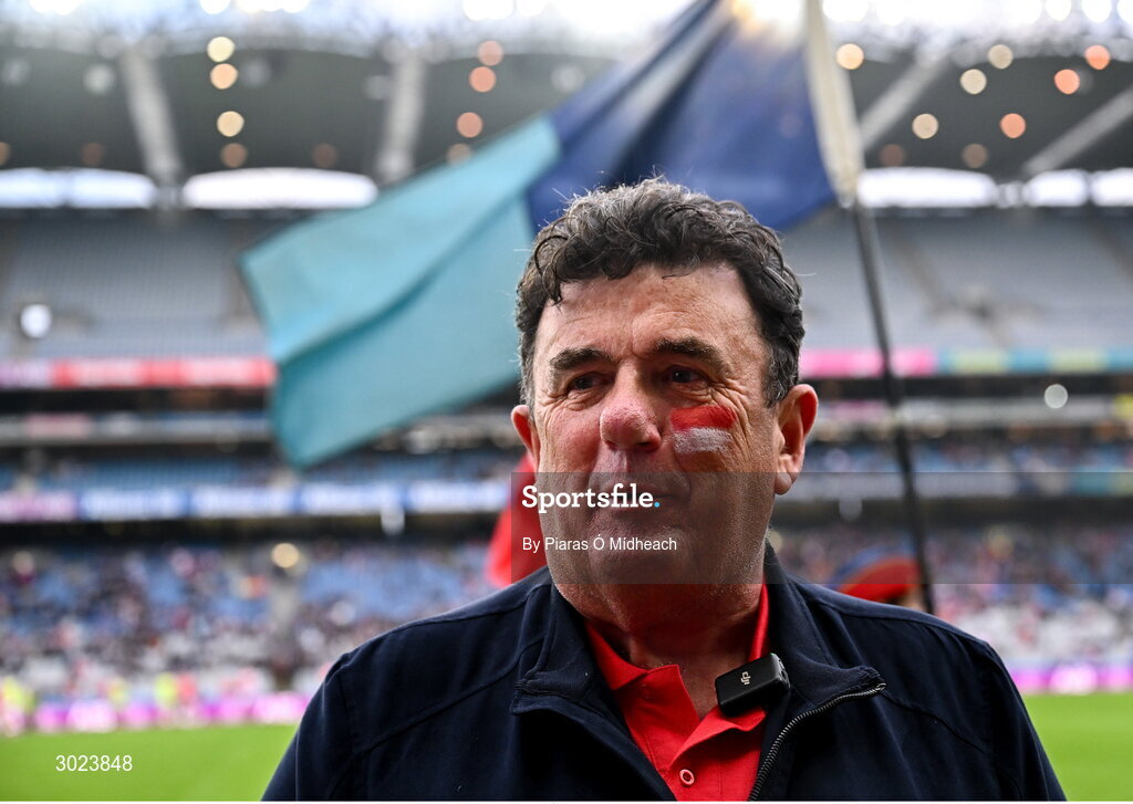 19 January 2025; Cuala supporter Des Cahill at the AIB GAA Football All-Ireland Senior Club Championship final match between Cuala and Errigal Ciarán at Croke Park in Dublin. Photo by Piaras Ó Mídheach/Sportsfile