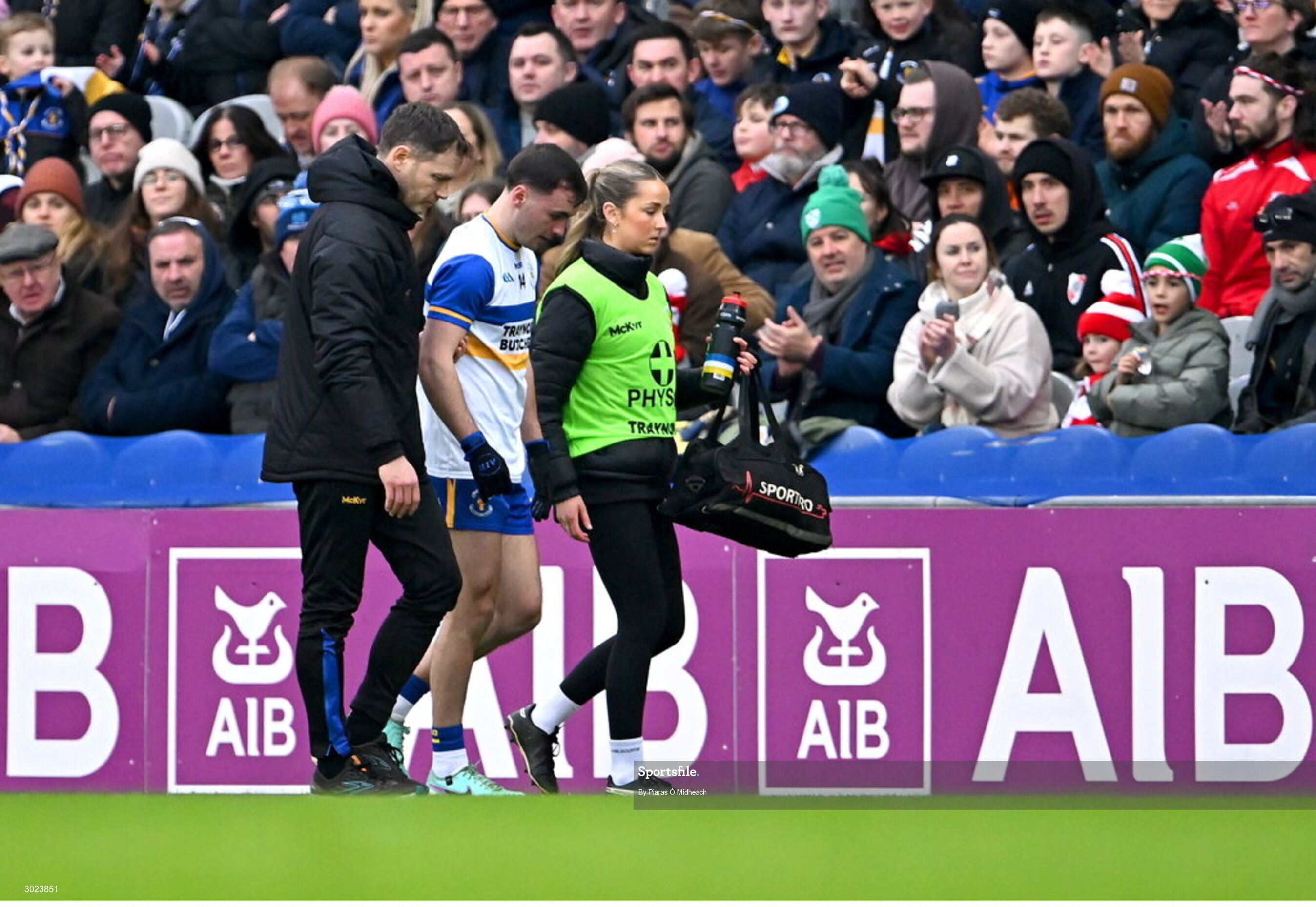 19 January 2025; Darragh Canavan of Errigal Ciarán leaves the pitch to receive medical attention for an injury during the AIB GAA Football All-Ireland Senior Club Championship final match between Cuala and Errigal Ciarán at Croke Park in Dublin. Photo by Piaras Ó Mídheach/Sportsfile
