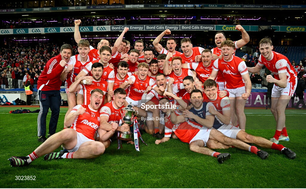 19 January 2025; Cuala players celebrate with the trophy after their side's victory in the AIB GAA Football All-Ireland Senior Club Championship final match between Cuala and Errigal Ciarán at Croke Park in Dublin. Photo by Seb Daly/Sportsfile