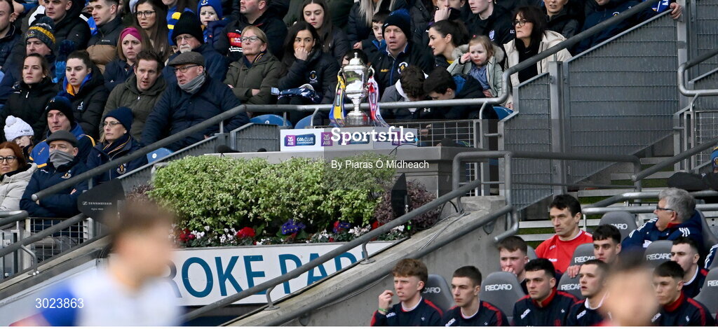 19 January 2025; Former Errigal Ciarán and Tyrone footballer Peter Canavan looks on from behind the Andy Merrigan Cup during the AIB GAA Football All-Ireland Senior Club Championship final match between Cuala and Errigal Ciarán at Croke Park in Dublin. Photo by Piaras Ó Mídheach/Sportsfile