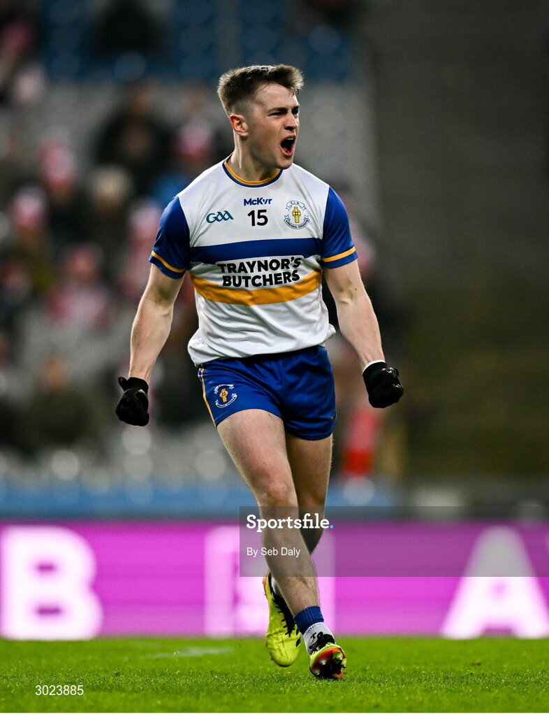 19 January 2025; Ruairi Canavan of Errigal Ciarán celebrates after kicking a point during the AIB GAA Football All-Ireland Senior Club Championship final match between Cuala and Errigal Ciarán at Croke Park in Dublin. Photo by Seb Daly/Sportsfile
