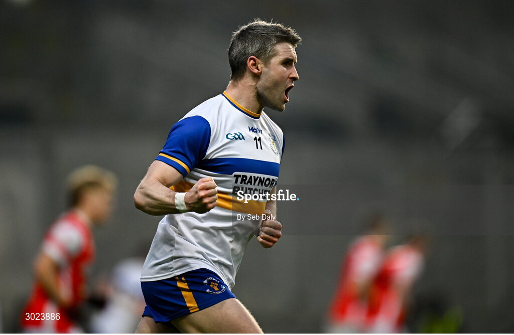 19 January 2025; Thomas Canavan of Errigal Ciarán celebrates after scoring a point during the AIB GAA Football All-Ireland Senior Club Championship final match between Cuala and Errigal Ciarán at Croke Park in Dublin. Photo by Seb Daly/Sportsfile