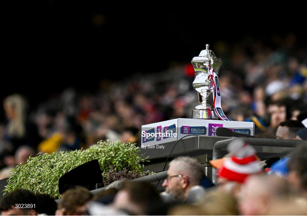 19 January 2025; The Andy Merrigan Cup during the AIB GAA Football All-Ireland Senior Club Championship final match between Cuala and Errigal Ciarán at Croke Park in Dublin. Photo by Seb Daly/Sportsfile