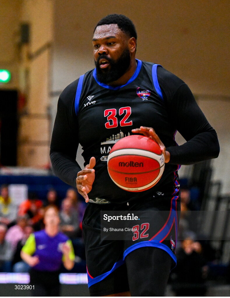 18 January 2025; Elijah Tillman of UCC Demons during the Basketball Ireland Men's Pat Duffy National Cup final match between Killester and UCC Demons at the National Basketball Arena in Tallaght, Dublin. Photo by Shauna Clinton/Sportsfile