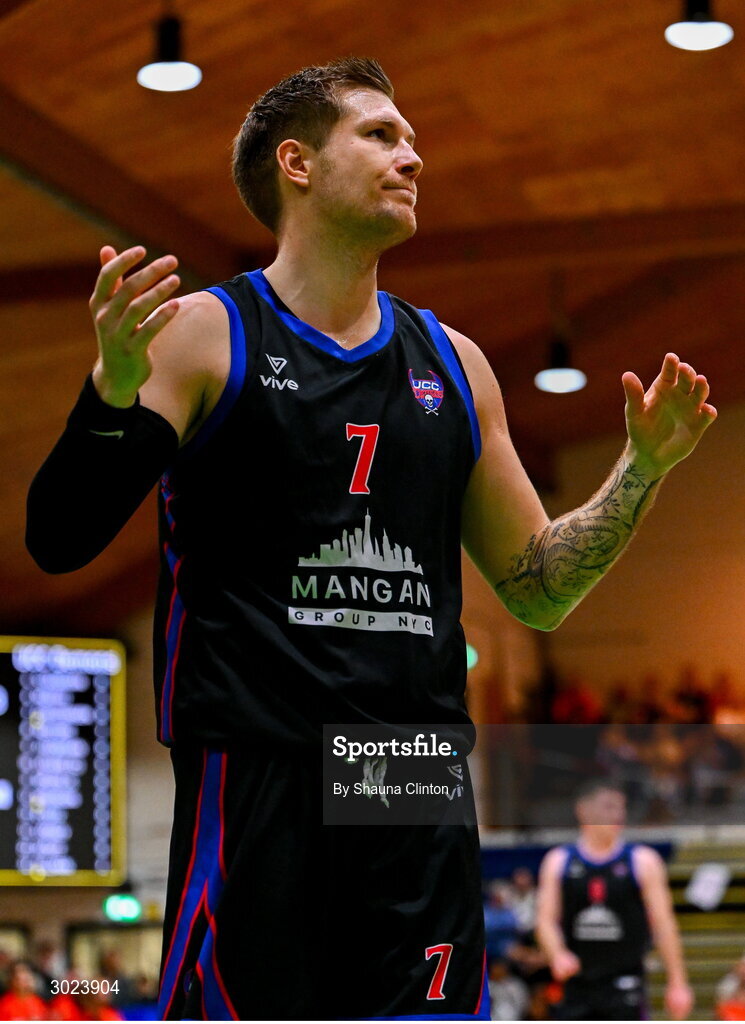 18 January 2025; Tobias Christensen of UCC Demons reacts during the Basketball Ireland Men's Pat Duffy National Cup final match between Killester and UCC Demons at the National Basketball Arena in Tallaght, Dublin. Photo by Shauna Clinton/Sportsfile