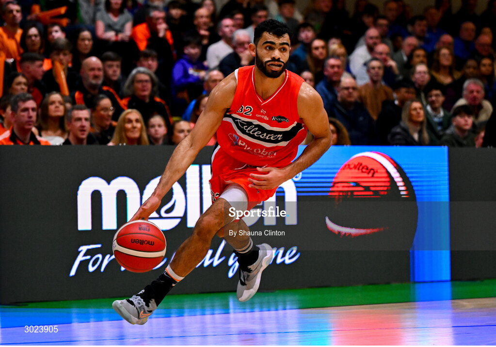 18 January 2025; Kason Harrell of Killester during the Basketball Ireland Men's Pat Duffy National Cup final match between Killester and UCC Demons at the National Basketball Arena in Tallaght, Dublin. Photo by Shauna Clinton/Sportsfile