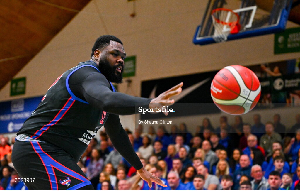 18 January 2025; Elijah Tillman of UCC Demons during the Basketball Ireland Men's Pat Duffy National Cup final match between Killester and UCC Demons at the National Basketball Arena in Tallaght, Dublin. Photo by Shauna Clinton/Sportsfile