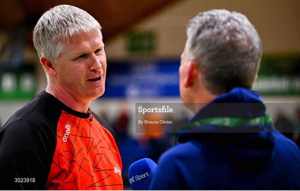 18 January 2025; Killester coach Jonny Grennell is interviewed by RTÉ Sport before the Basketball Ireland Men's Pat Duffy National Cup final match between Killester and UCC Demons at the National Basketball Arena in Tallaght, Dublin. Photo by Shauna Clinton/Sportsfile