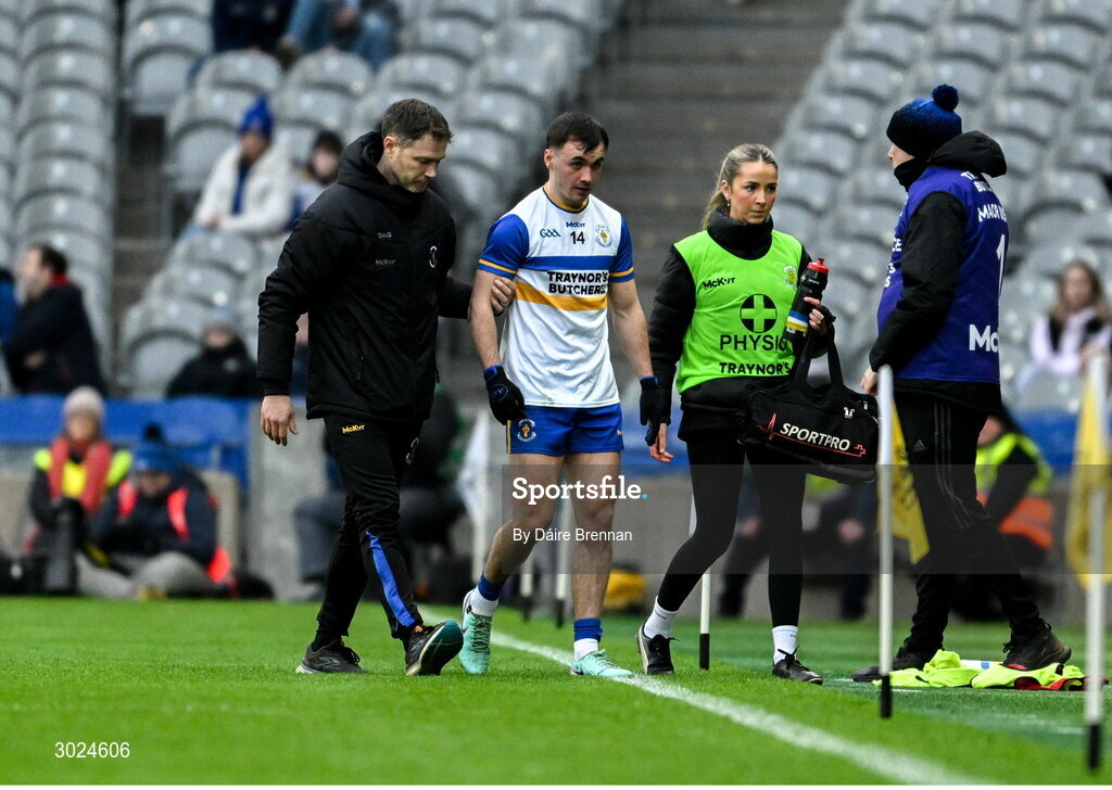 19 January 2025; Darragh Canavan of Errigal Ciarán leaves the field along with manager Enda McGinley during the AIB GAA Football All-Ireland Senior Club Championship final match between Cuala and Errigal Ciarán at Croke Park in Dublin. Photo by Daire Brennan/Sportsfile