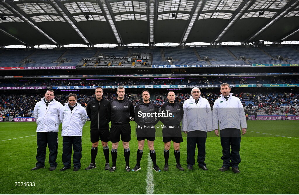 19 January 2025; Referee Paddy Neilan with his match officials before the AIB GAA Football All-Ireland Senior Club Championship final match between Cuala and Errigal Ciarán at Croke Park in Dublin. Photo by Piaras Ó Mídheach/Sportsfile