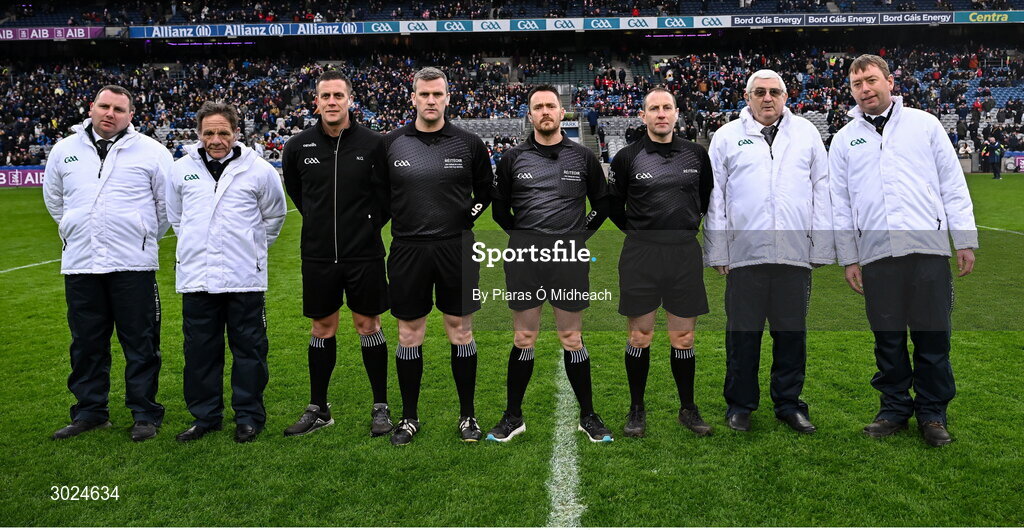19 January 2025; Referee Paddy Neilan with his match officials before the AIB GAA Football All-Ireland Senior Club Championship final match between Cuala and Errigal Ciarán at Croke Park in Dublin. Photo by Piaras Ó Mídheach/Sportsfile