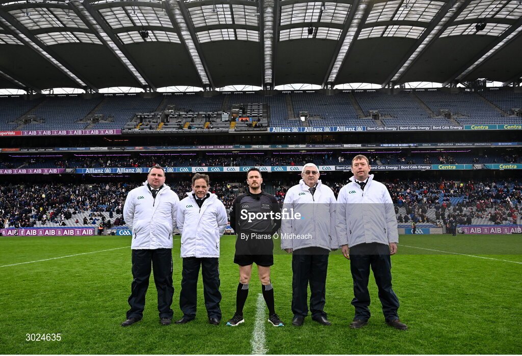 19 January 2025; Referee Paddy Neilan with his umpires before the AIB GAA Football All-Ireland Senior Club Championship final match between Cuala and Errigal Ciarán at Croke Park in Dublin. Photo by Piaras Ó Mídheach/Sportsfile