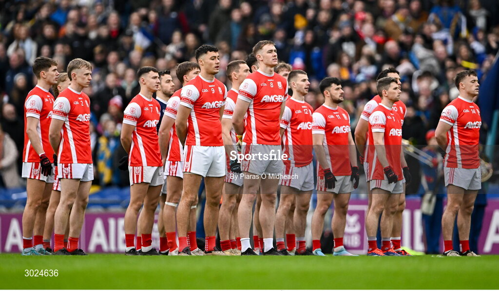 19 January 2025; Cuala players stand for Amhrán na bhFiann before the AIB GAA Football All-Ireland Senior Club Championship final match between Cuala and Errigal Ciarán at Croke Park in Dublin. Photo by Piaras Ó Mídheach/Sportsfile