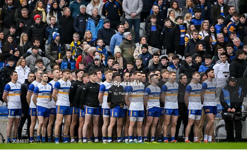 19 January 2025; Errigal Ciarán players stand for Amhrán na bhFiann before the AIB GAA Football All-Ireland Senior Club Championship final match between Cuala and Errigal Ciarán at Croke Park in Dublin. Photo by Piaras Ó Mídheach/Sportsfile