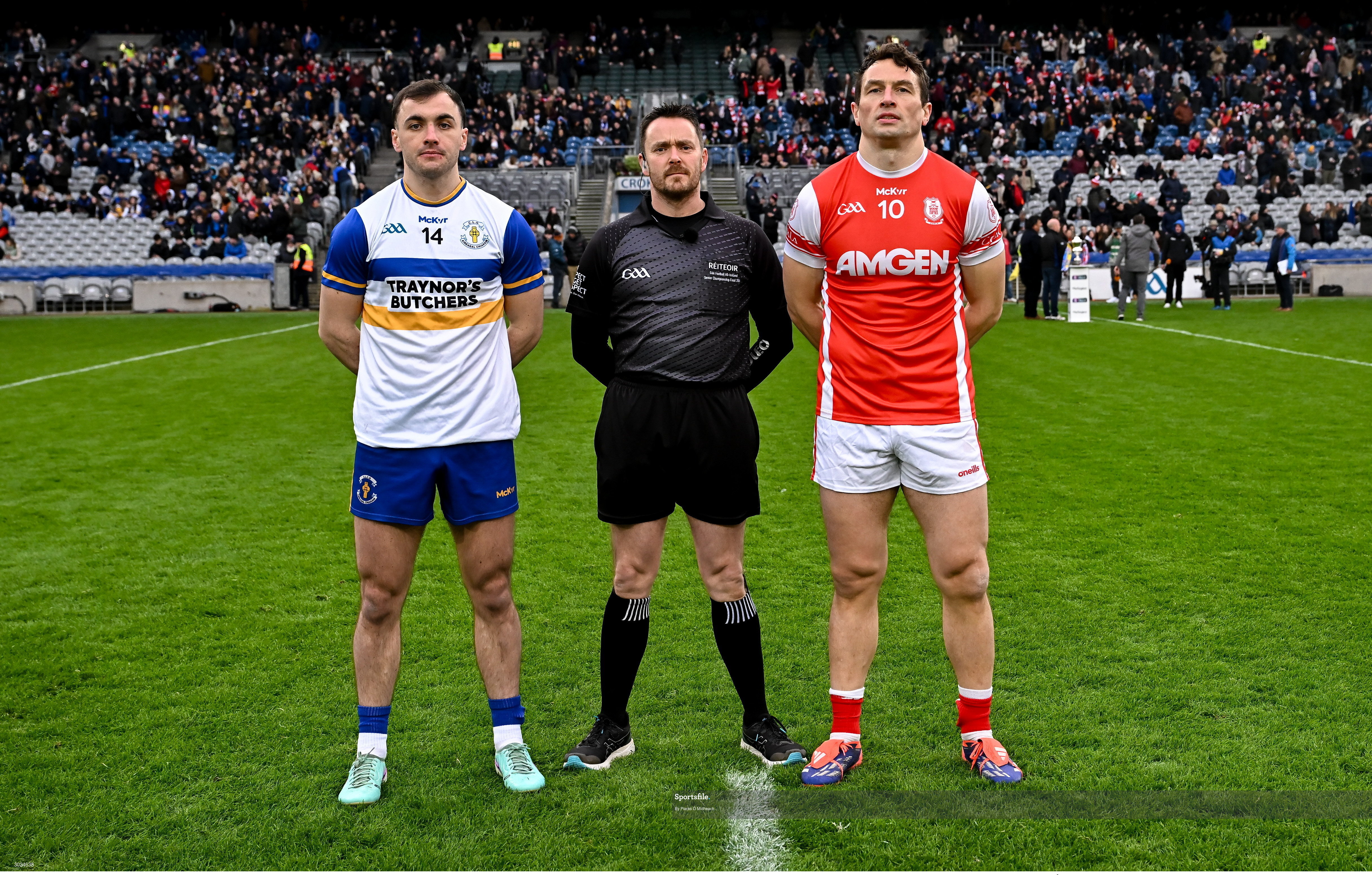 19 January 2025; Referee Paddy Neilan with team captains Darragh Canavan of Errigal Ciarán and James Power of Cuala before the AIB GAA Football All-Ireland Senior Club Championship final match between Cuala and Errigal Ciarán at Croke Park in Dublin. Photo by Piaras Ó Mídheach/Sportsfile
