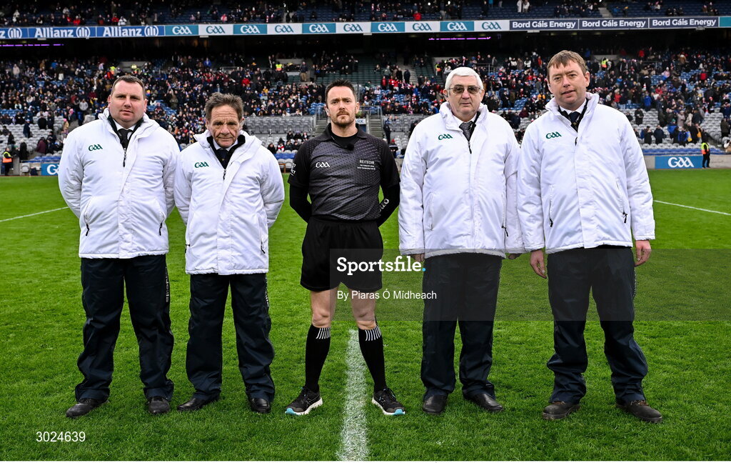19 January 2025; Referee Paddy Neilan with his umpires before the AIB GAA Football All-Ireland Senior Club Championship final match between Cuala and Errigal Ciarán at Croke Park in Dublin. Photo by Piaras Ó Mídheach/Sportsfile