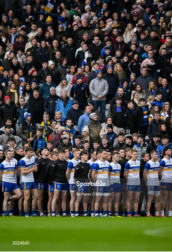 19 January 2025; Errigal Ciarán players stand for Amhrán na bhFiann before the AIB GAA Football All-Ireland Senior Club Championship final match between Cuala and Errigal Ciarán at Croke Park in Dublin. Photo by Piaras Ó Mídheach/Sportsfile