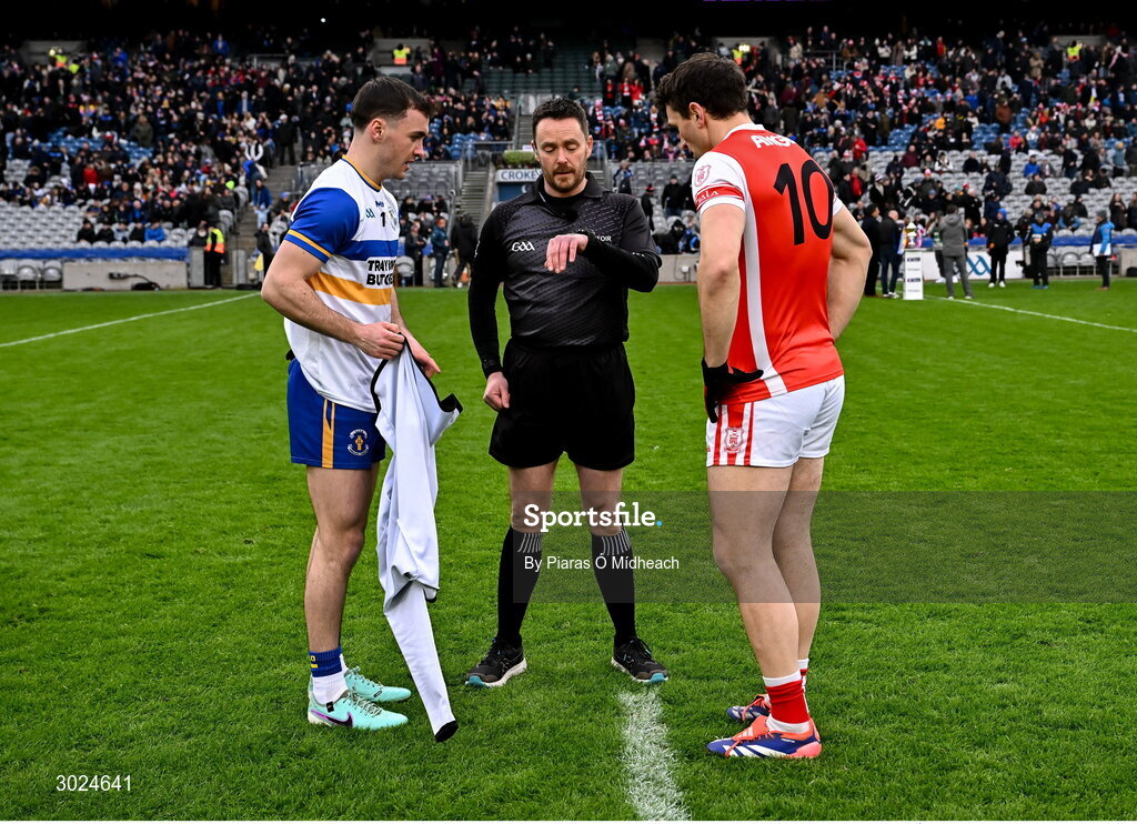 19 January 2025; Referee Paddy Neilan with team captains Darragh Canavan of Errigal Ciarán and James Power of Cuala before the AIB GAA Football All-Ireland Senior Club Championship final match between Cuala and Errigal Ciarán at Croke Park in Dublin. Photo by Piaras Ó Mídheach/Sportsfile