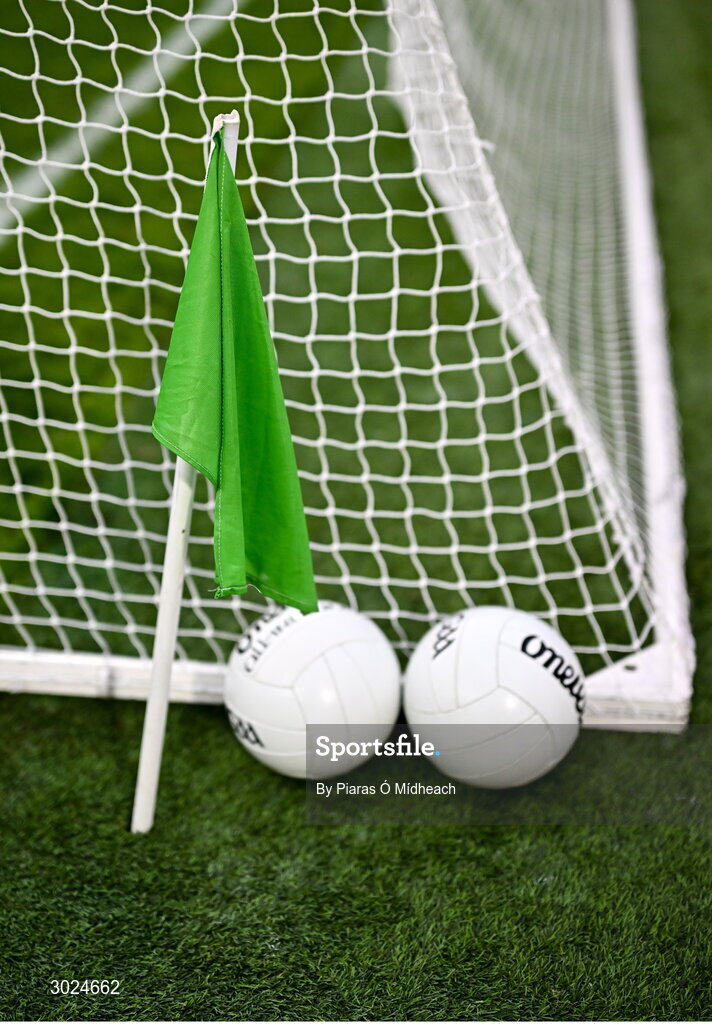 19 January 2025; The green goal flag alongside footballs at the Hll 16 goals before the AIB GAA Football All-Ireland Senior Club Championship final match between Cuala and Errigal Ciarán at Croke Park in Dublin. Photo by Piaras Ó Mídheach/Sportsfile