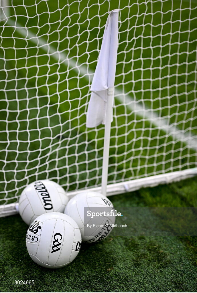 19 January 2025; The white point flag alongside footballs at the Hll 16 goals before the AIB GAA Football All-Ireland Senior Club Championship final match between Cuala and Errigal Ciarán at Croke Park in Dublin. Photo by Piaras Ó Mídheach/Sportsfile