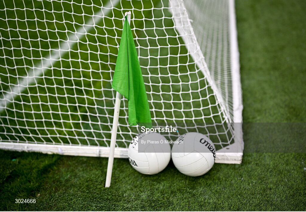 19 January 2025; The green goal flag alongside footballs at the Hll 16 goals before the AIB GAA Football All-Ireland Senior Club Championship final match between Cuala and Errigal Ciarán at Croke Park in Dublin. Photo by Piaras Ó Mídheach/Sportsfile