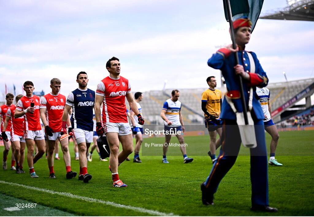 19 January 2025; Cuala captain James Power leads his side in the parade before the AIB GAA Football All-Ireland Senior Club Championship final match between Cuala and Errigal Ciarán at Croke Park in Dublin. Photo by Piaras Ó Mídheach/Sportsfile