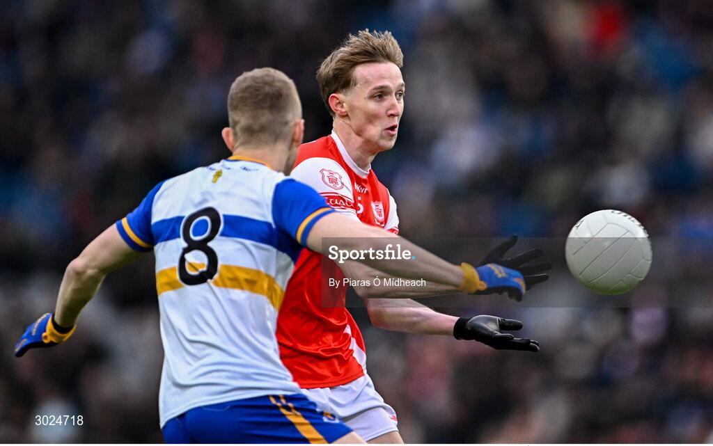 19 January 2025; Eoin Kennedy of Cuala in action against Ben McDonnell of Errigal Ciarán during the AIB GAA Football All-Ireland Senior Club Championship final match between Cuala and Errigal Ciarán at Croke Park in Dublin. Photo by Piaras Ó Mídheach/Sportsfile