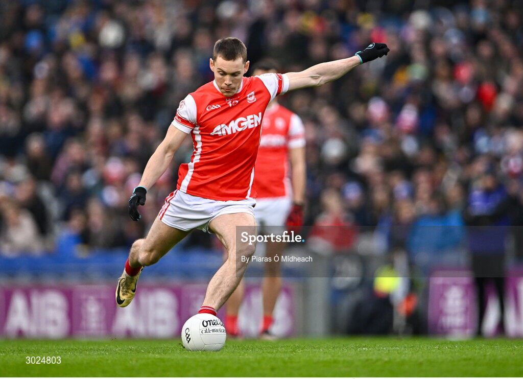 19 January 2025; Con O'Callaghan of Cuala takes a free during the AIB GAA Football All-Ireland Senior Club Championship final match between Cuala and Errigal Ciarán at Croke Park in Dublin. Photo by Piaras Ó Mídheach/Sportsfile