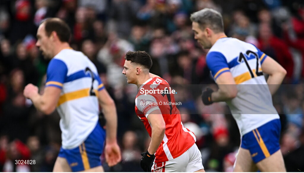 19 January 2025; David O'Dowd of Cuala celebrates after scoring his side's second goal during the AIB GAA Football All-Ireland Senior Club Championship final match between Cuala and Errigal Ciarán at Croke Park in Dublin. Photo by Piaras Ó Mídheach/Sportsfile