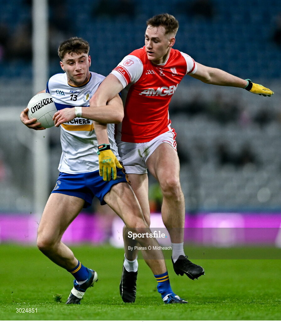 19 January 2025; Odhran Robinson of Errigal Ciarán in action against Peadar Ó Cofaigh Byrne of Cuala during the AIB GAA Football All-Ireland Senior Club Championship final match between Cuala and Errigal Ciarán at Croke Park in Dublin. Photo by Piaras Ó Mídheach/Sportsfile
