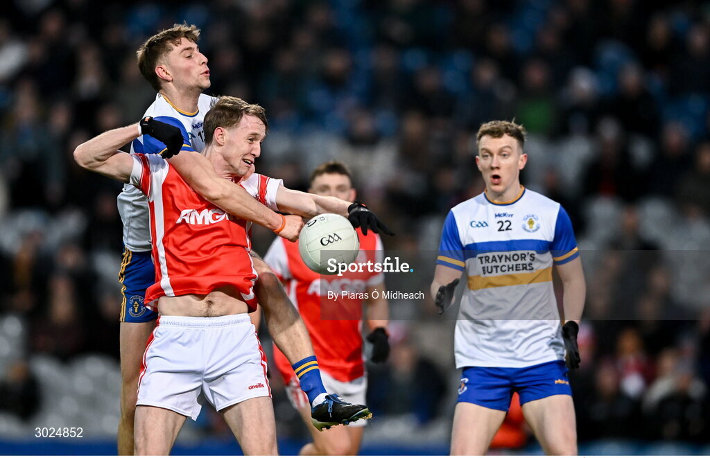 19 January 2025; Eoin Kennedy of Cuala in action against Odhran Robinson of Errigal Ciarán during the AIB GAA Football All-Ireland Senior Club Championship final match between Cuala and Errigal Ciarán at Croke Park in Dublin. Photo by Piaras Ó Mídheach/Sportsfile