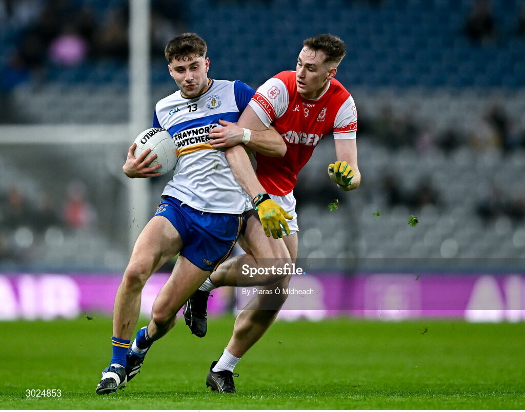 19 January 2025; Odhran Robinson of Errigal Ciarán in action against Peadar Ó Cofaigh Byrne of Cuala during the AIB GAA Football All-Ireland Senior Club Championship final match between Cuala and Errigal Ciarán at Croke Park in Dublin. Photo by Piaras Ó Mídheach/Sportsfile