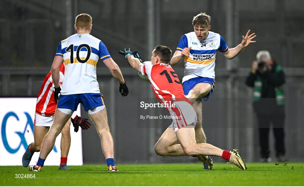 19 January 2025; Padraig McGirr of Errigal Ciarán has his shot blocked down by Con O'Callaghan of Cuala late in the second half during the AIB GAA Football All-Ireland Senior Club Championship final match between Cuala and Errigal Ciarán at Croke Park in Dublin. Photo by Piaras Ó Mídheach/Sportsfile