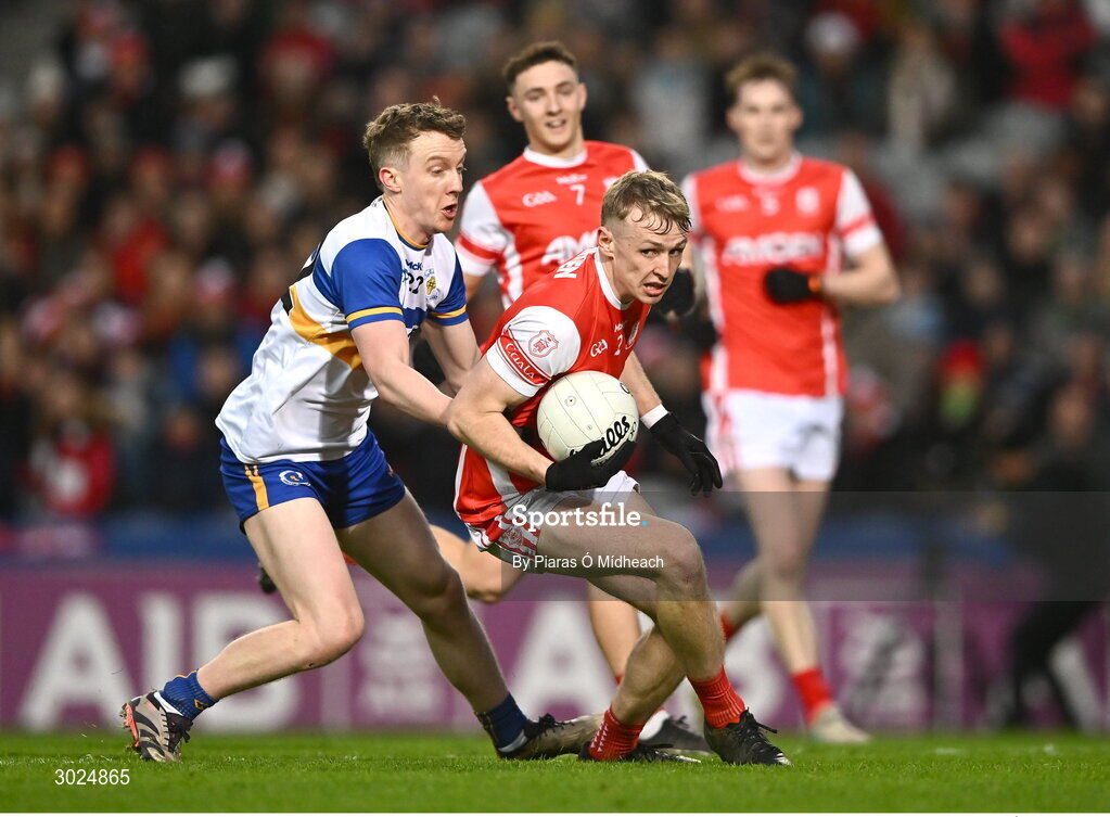 19 January 2025; Danny Conroy of Cuala in action against Mark Kavanagh of Errigal Ciarán during the AIB GAA Football All-Ireland Senior Club Championship final match between Cuala and Errigal Ciarán at Croke Park in Dublin. Photo by Piaras Ó Mídheach/Sportsfile