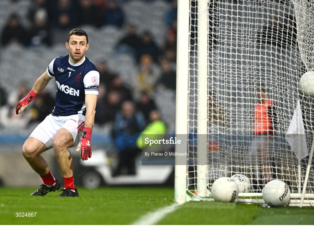 19 January 2025; Cuala goalkeeper Ryan Scollard is beaten for a goal from a shot by Peter Harte of Errigal Ciarán during the AIB GAA Football All-Ireland Senior Club Championship final match between Cuala and Errigal Ciarán at Croke Park in Dublin. Photo by Piaras Ó Mídheach/Sportsfile
